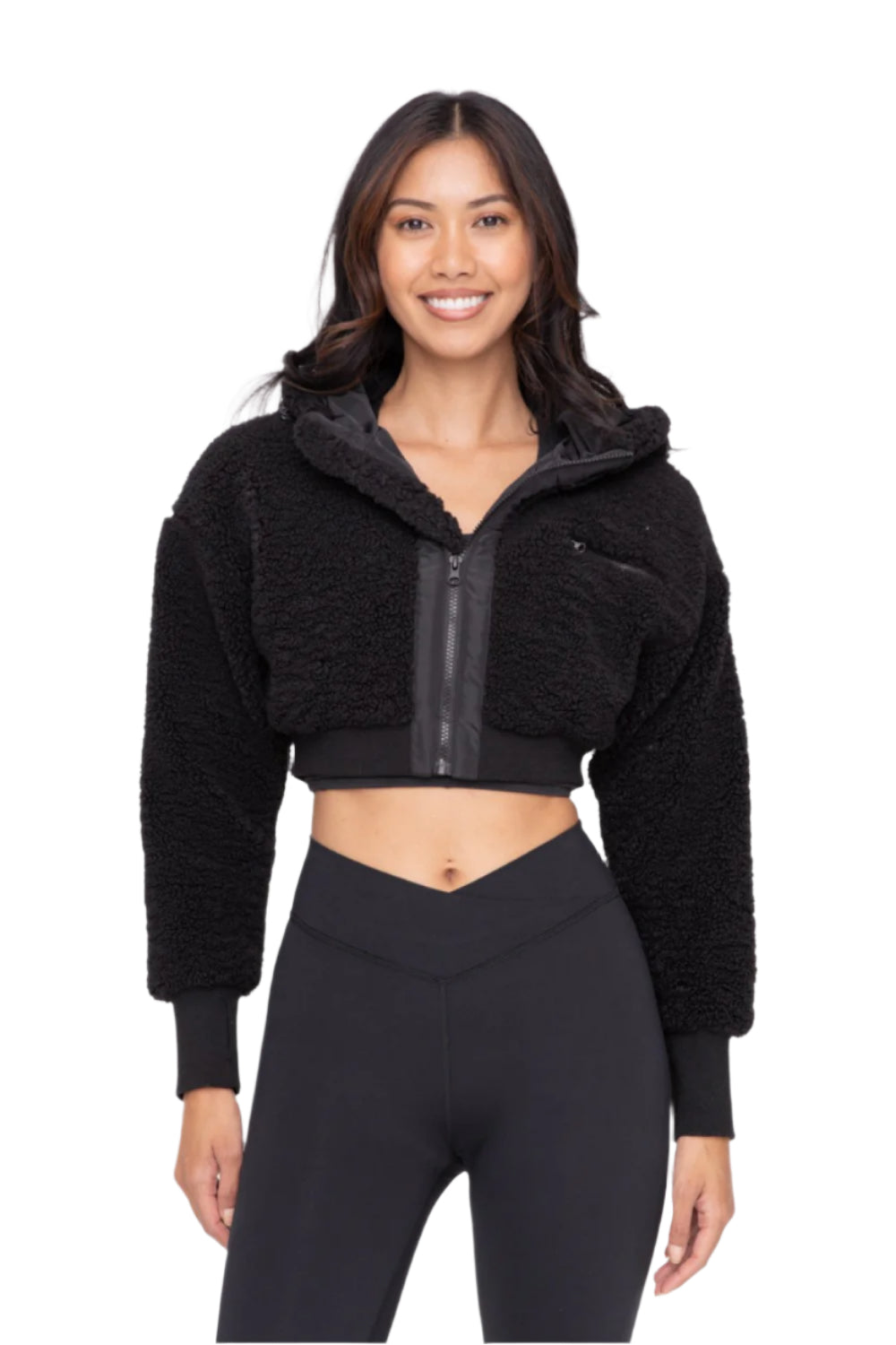 Mono B Hooded Cropped Sherpa Jacket Evolve Fit Wear Black S