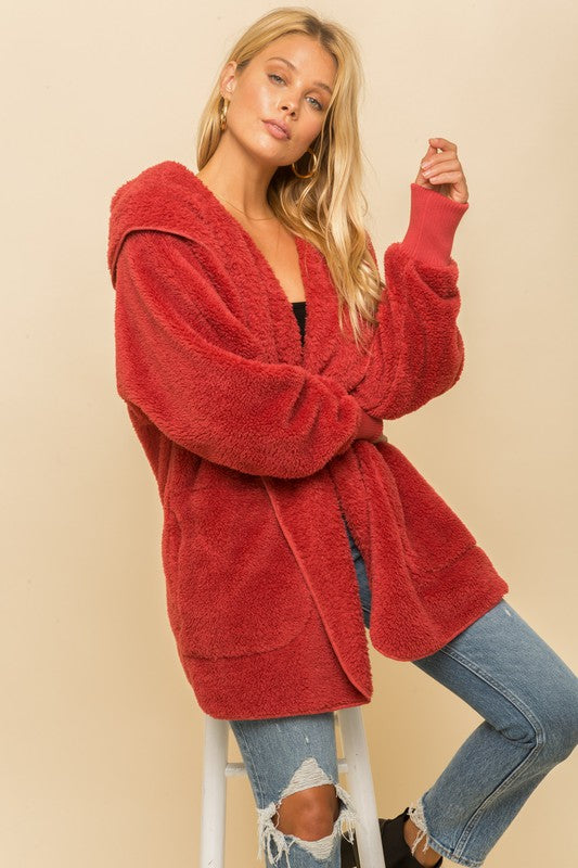Hem & Thread Fuzzy knit open front, hooded cardigan with pockets L2394 - Vintage Red Fuzzy - front alt view 