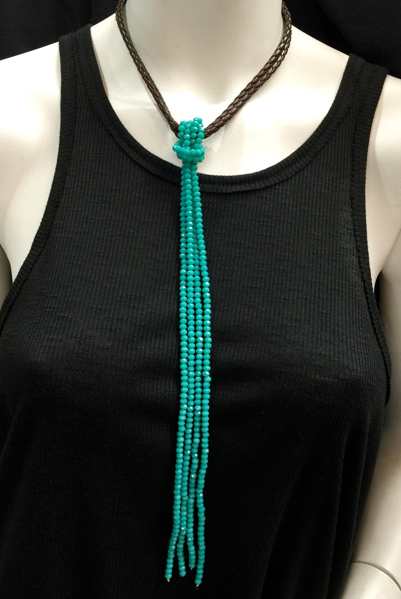 Braided Leather and Crystal Choker - Turquoise