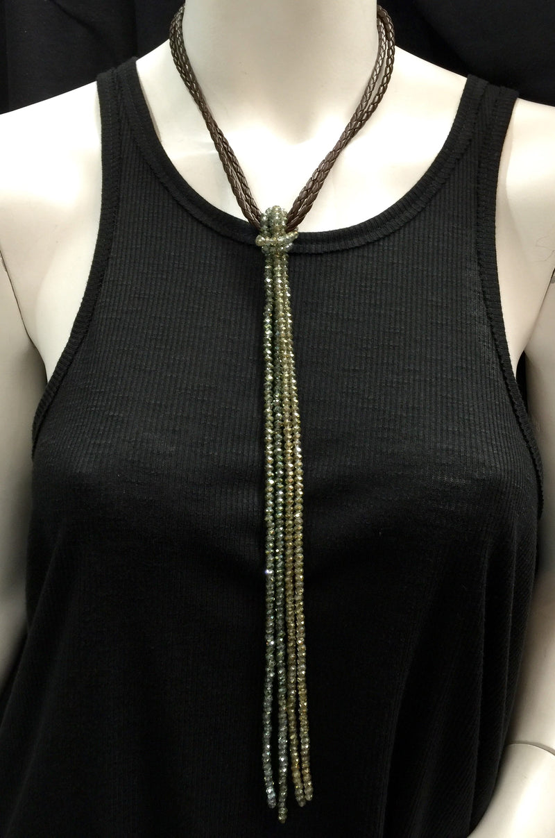 Braided Leather and Crystal Choker - Sage