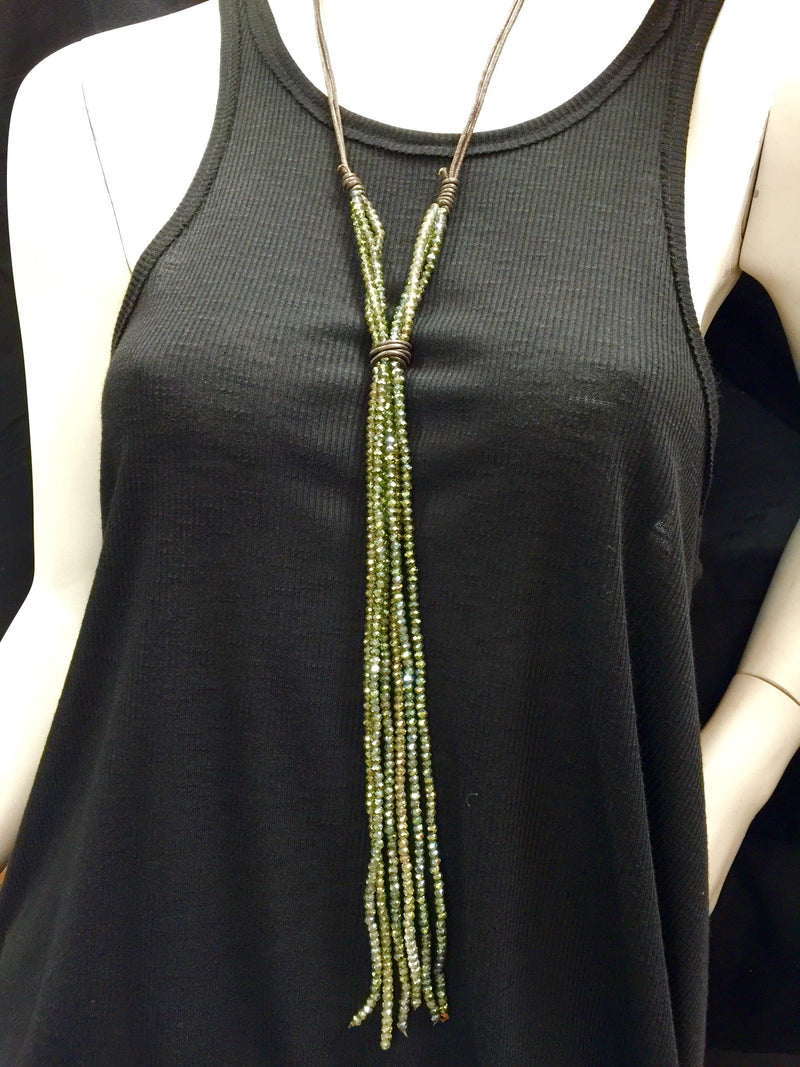 Leather and Crystal Long Dangle Necklace - Sage