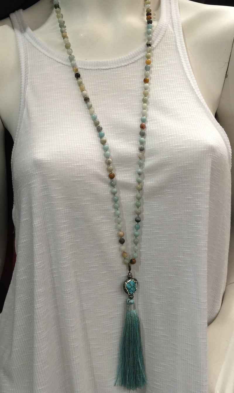 Blue Agate and Turquoise Long Tassel Necklace