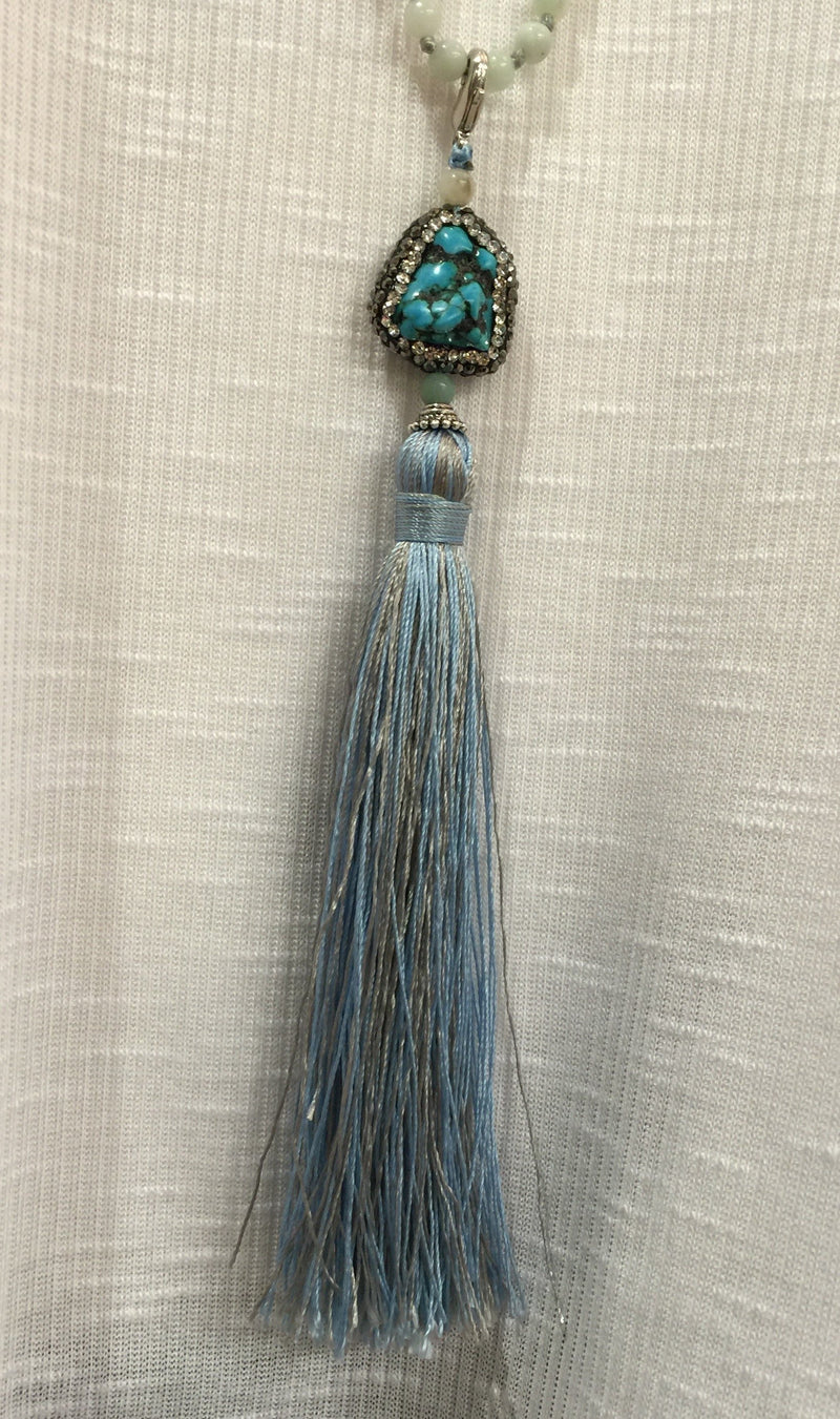 Blue Agate and Multi Piece Turquoise Long Tassel Necklace