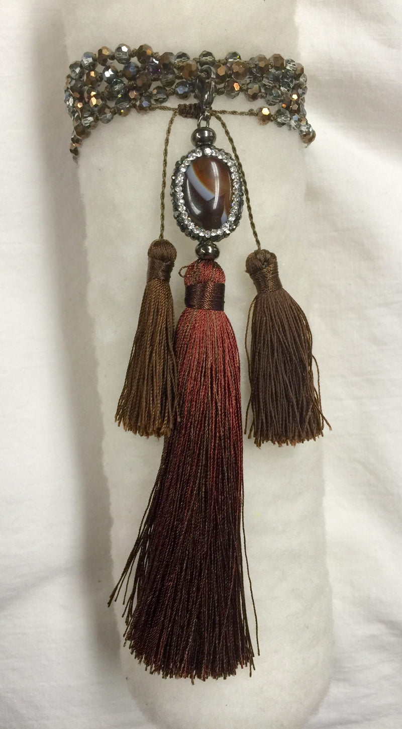 Agate and Crystal Long Tassel Necklace  - Brown