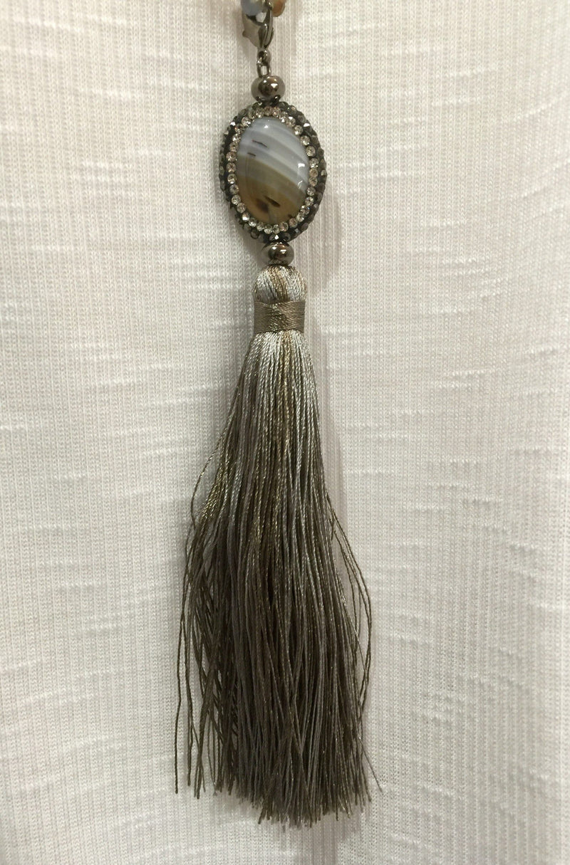 Agate and Crystal Long Tassel Necklace  - White/Gray