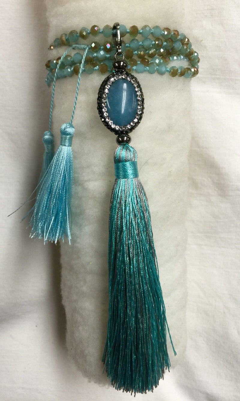 Agate and Crystal Long Tassel Necklace  - Blue