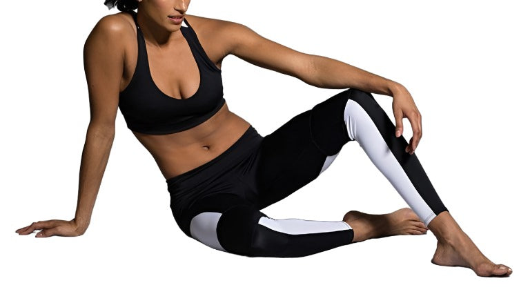 Onzie Hot Yoga Moto Pants Legging 279 - Black/White - Sitting View