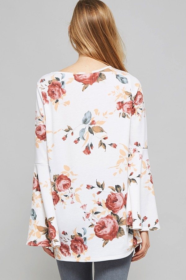 Promesa Floral Print Bell Sleeve Top 2080T - Ivory - rear view