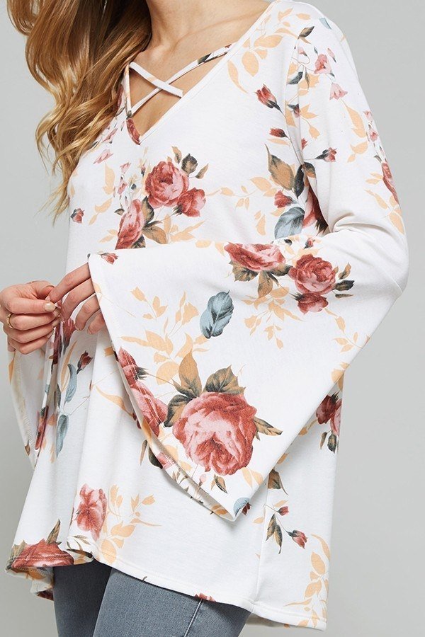 Promesa Floral Print Bell Sleeve Top 2080T - Ivory - side alt  view