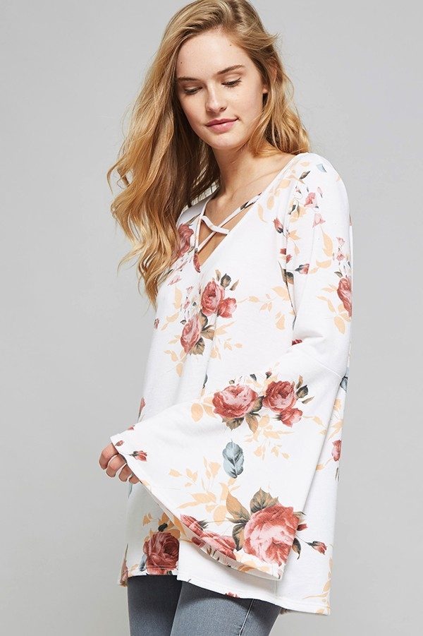Promesa Floral Print Bell Sleeve Top 2080T - Ivory - front alt view 
