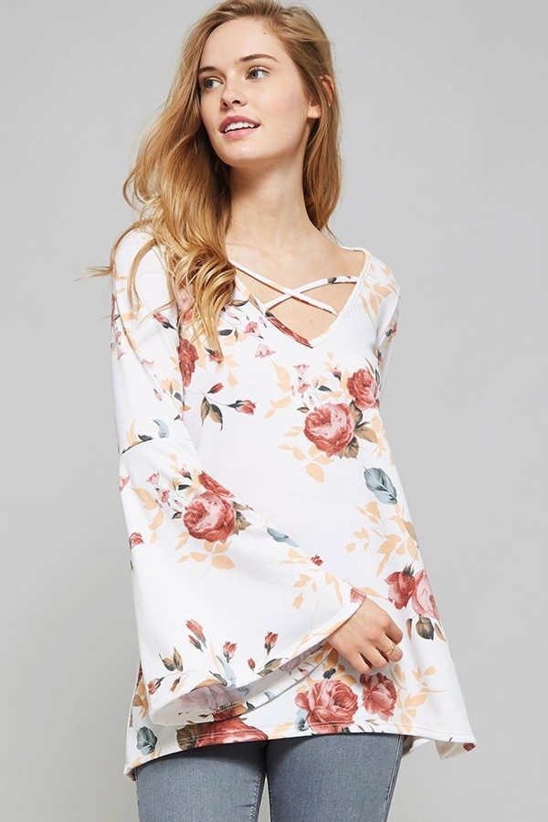 Promesa Floral Print Bell Sleeve Top 2080T - Ivory - front alt view 1