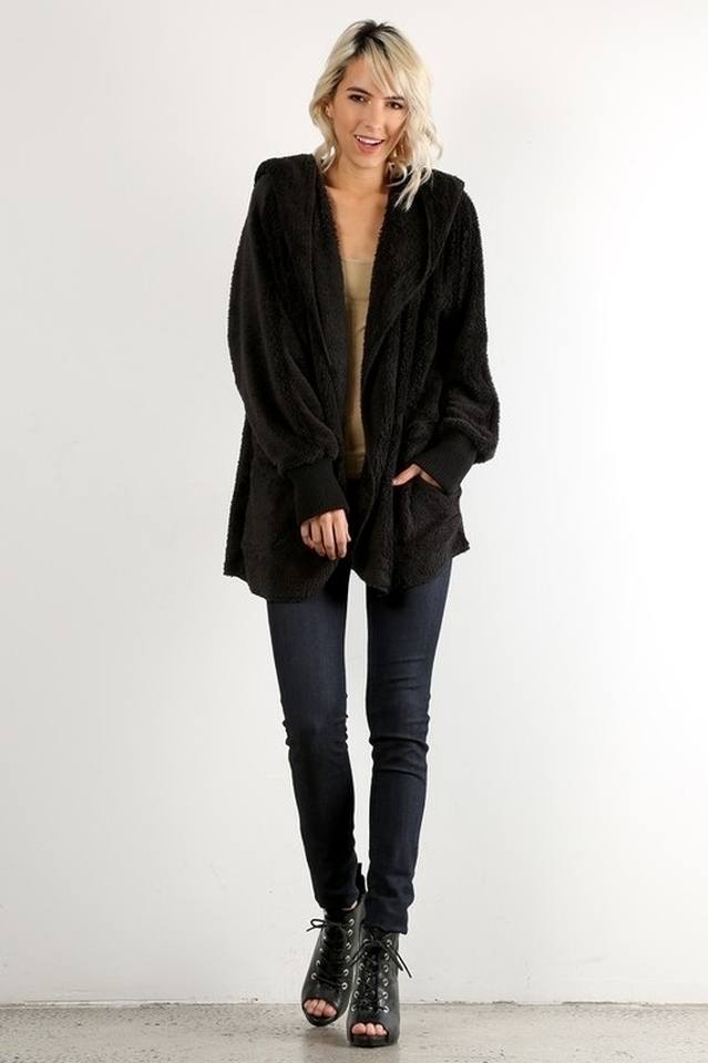 Hem & Thread Fuzzy knit open front, hooded cardigan with pockets L2394 - Black Fuzzy - front alt view 