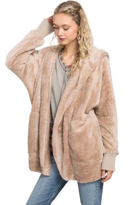 Hem Thread Fuzzy Hooded Cardigan Sweater Fitness Fashions