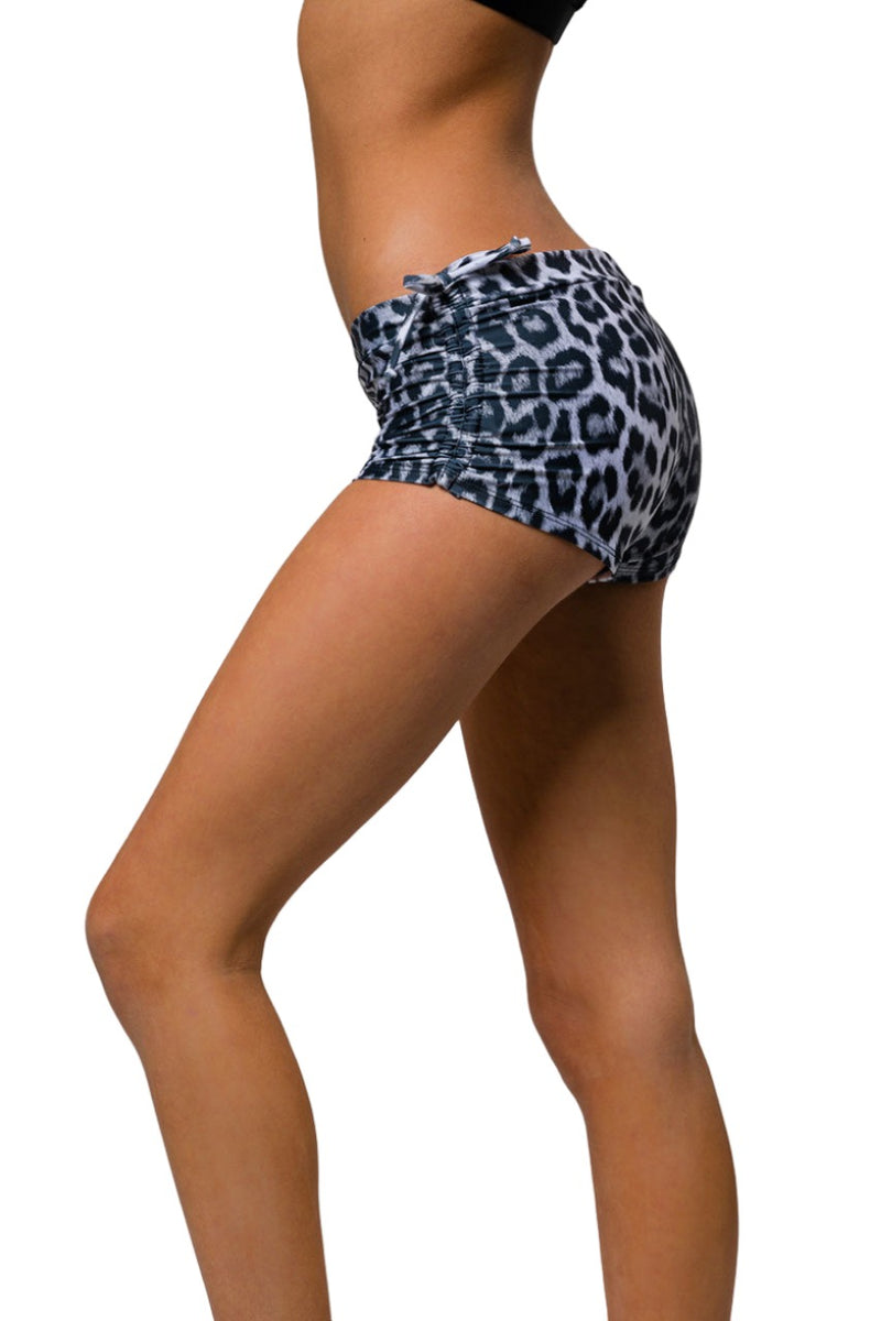 Onzie Hot Yoga Wear Side String Short 204 large - Black White Leopard - Side View