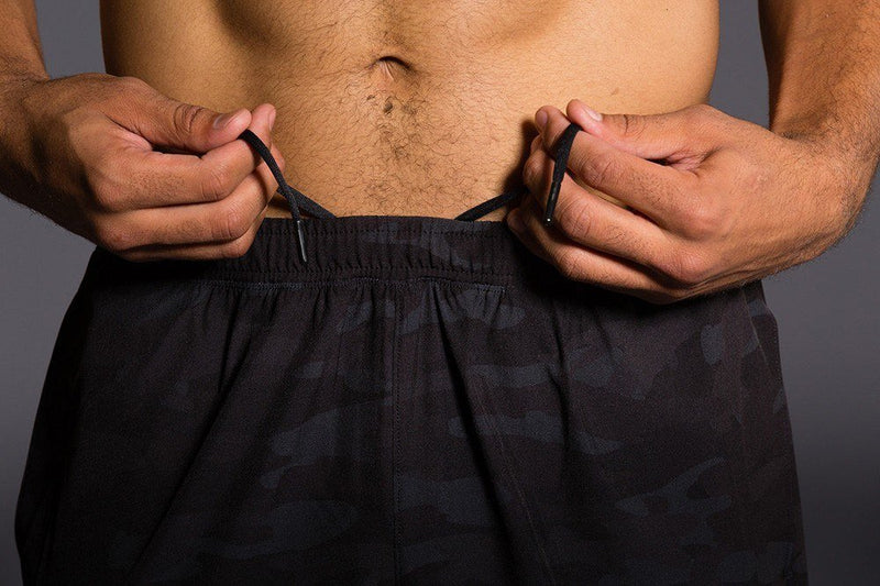 Onzie Hot Yoga Mens Board Shorts 503 - Black Camo - front close view