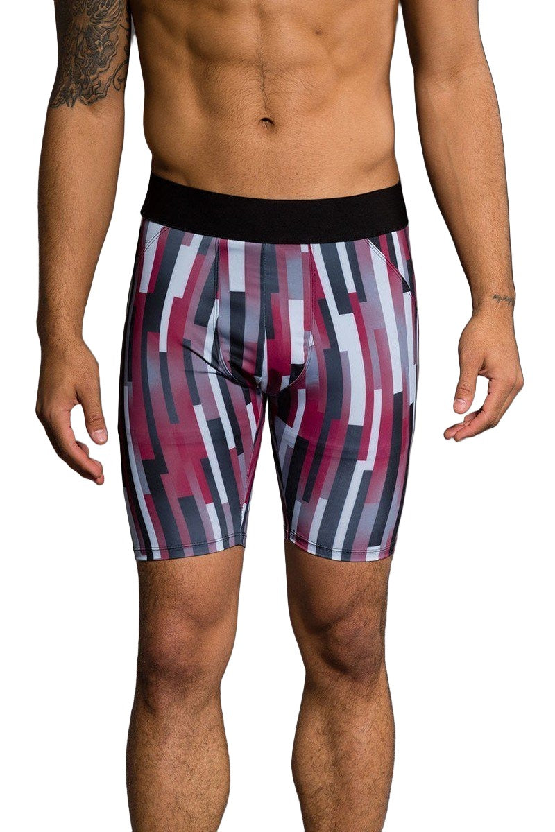Onzie Hot Yoga Mens Fitted Shorts 508 - Linear Geometric - front view