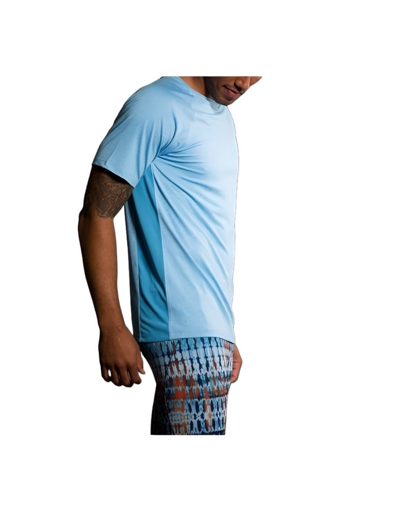 Onzie Hot Yoga Mens Raglan Short Sleeve top 701 - Mykonos - side view