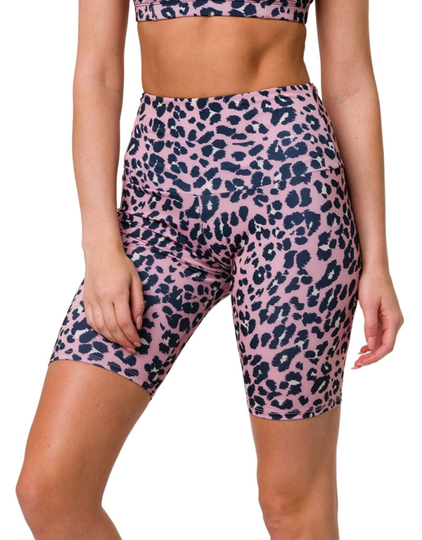 Onzie High Rise Bike Shorts 2225 - Rose Leopard - front view