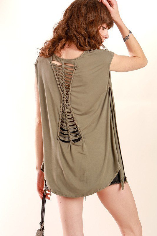 POL Braided Laser Cut Top RCT484A - Olive - rear view