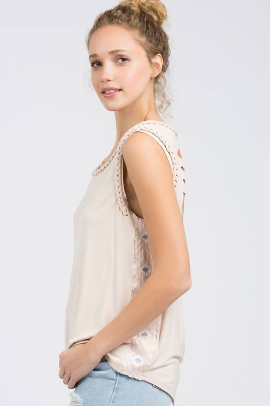 POL Braided Laser Cut Embroidered Top TKT37 - Almond - side view