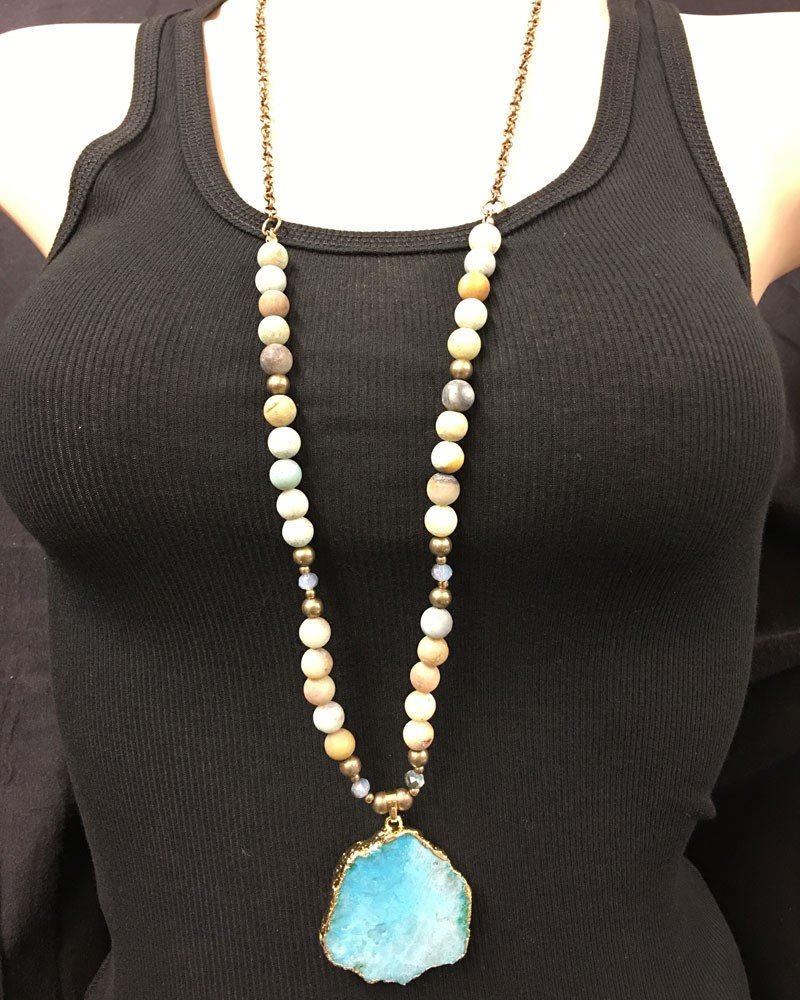 Blue Druzy Necklace, Amazonite stones on brass chain