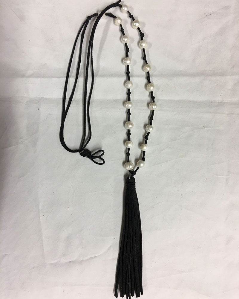 Leather and Knotted Freshwater Pearls and Tassel Necklace Black