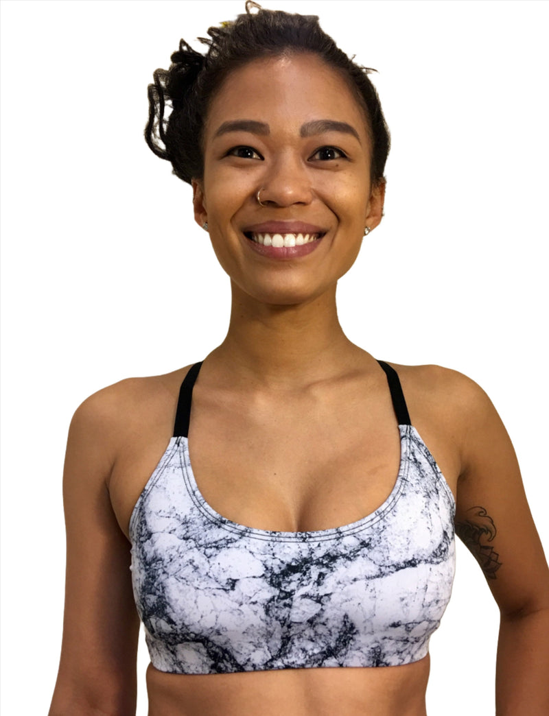 Onzie Hot Yoga X Back Elastic Bra Top 377 - White marble - front view