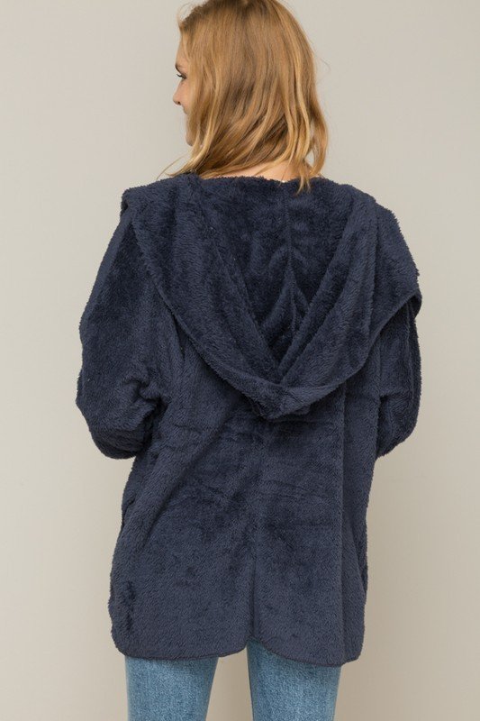 Hem & Thread Fuzzy knit open front, hooded cardigan with pockets L2394 - Navy Fuzzy - rear view