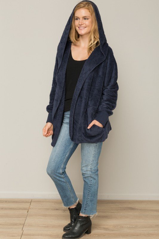 Hem & Thread Fuzzy knit open front, hooded cardigan with pockets L2394 - Navy Fuzzy - front alt view 1