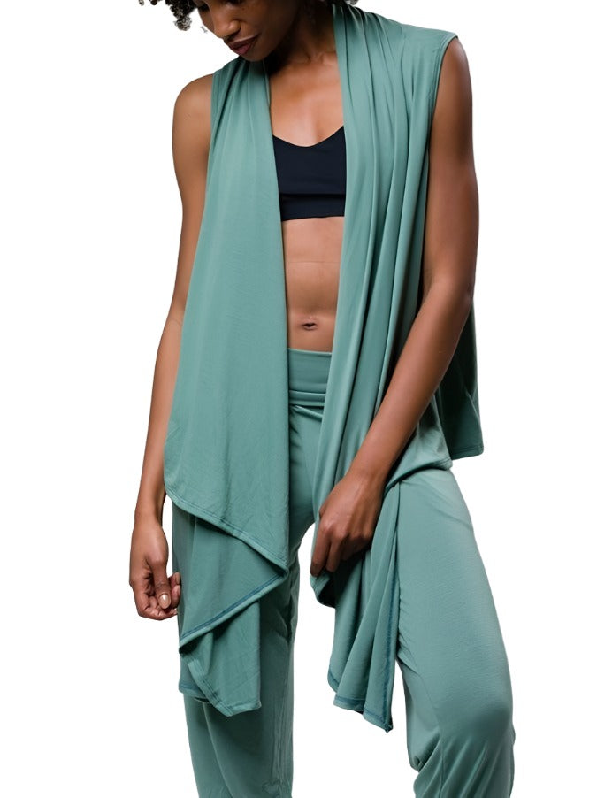 Onzie Hot Yoga Sleeveless Cardigan 3123 - sage - front view