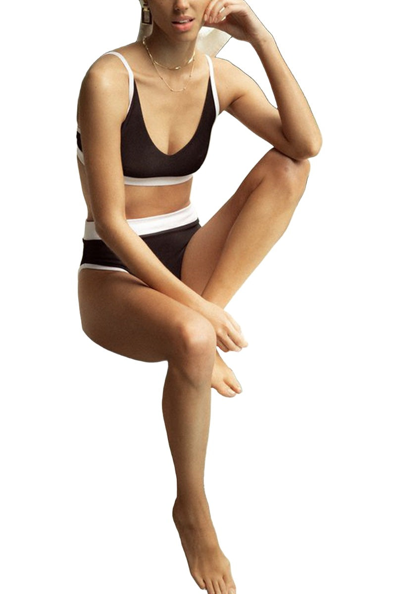 Onzie Yoga Colorblock Swim Bra Top 3790 - Black/White Rib - Rear View