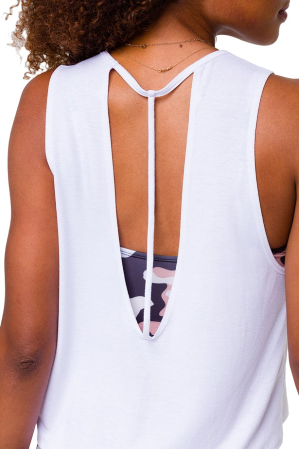 Onzie Flow Yoga Loose Cut Out Tank 3806 - White - Back View