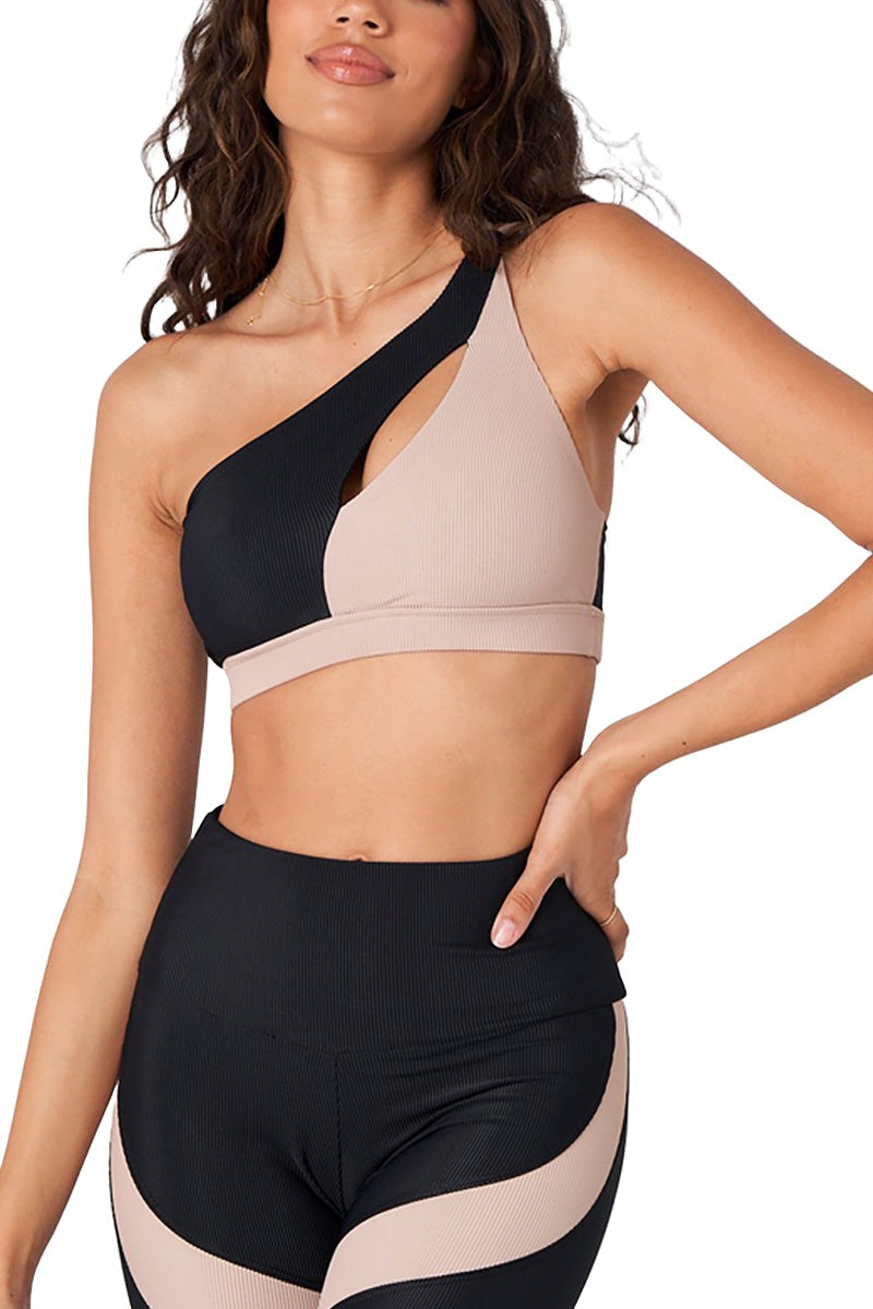 Onzie Hot Yoga Sutra Bra 3822 - Black/Taupe Rib - Front View