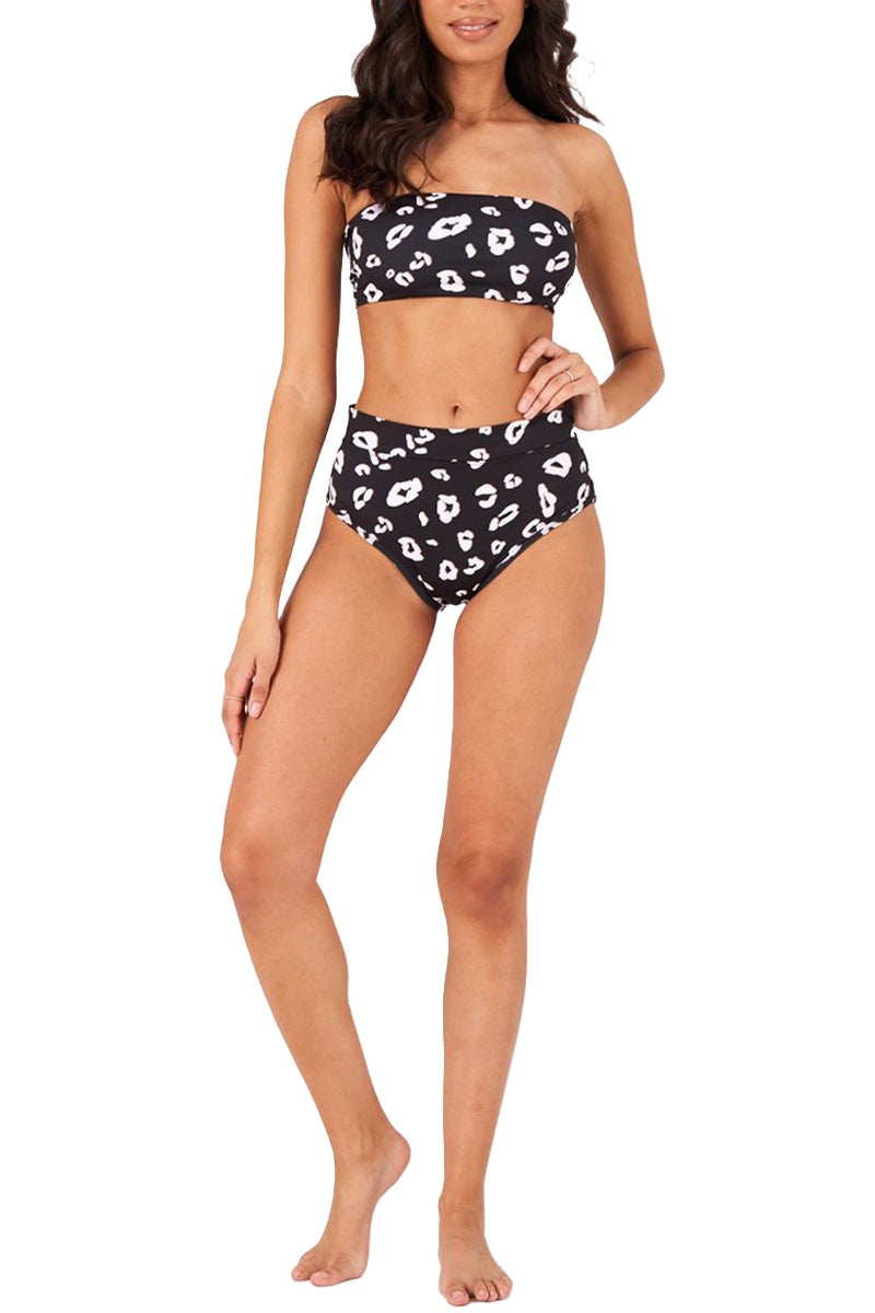 Onzie Yoga Tie Back Bandeau Swim Top 6000 - Black And White Leopard - Front Full View