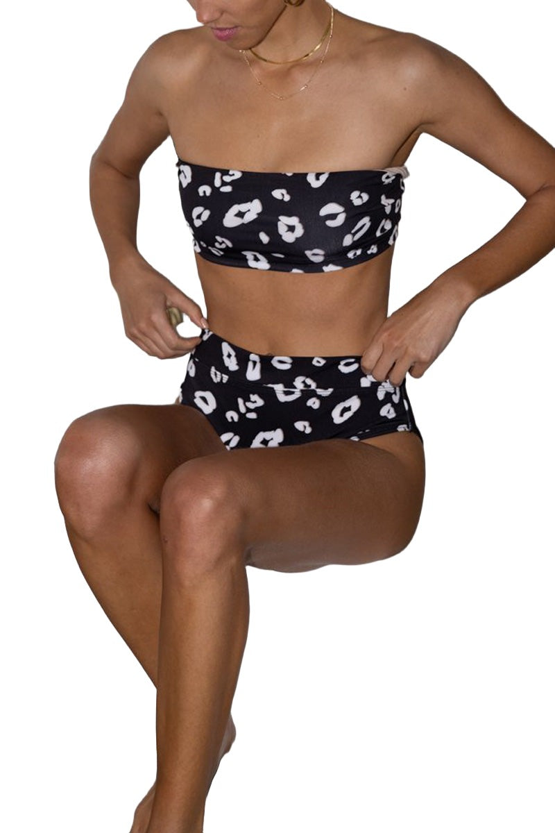 Onzie Yoga Tie Back Bandeau Swim Top 6000 - Black And White Leopard - Sitting View