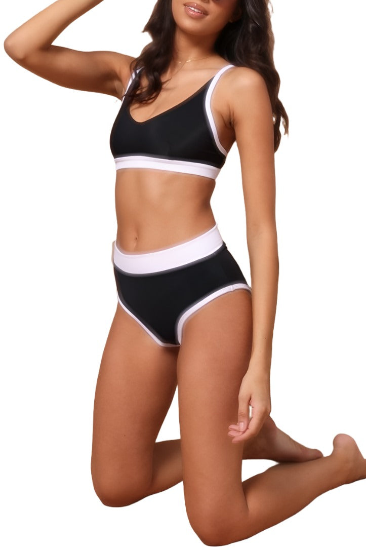 Onzie Yoga Le Femme Swim Bikini 6004 - Black White Rib - Rear View