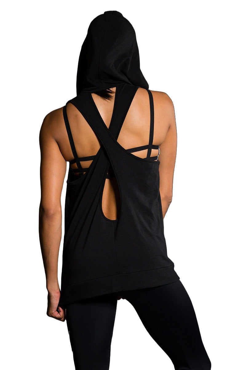 Onzie Hot Yoga Wear X Back Hoodie 606 - Black - Back View