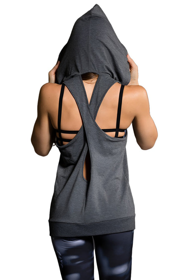 Onzie Hot Yoga Wear X Back Hoodie 606 - Grey - rear view