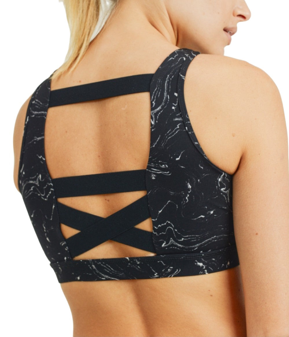 Marble Foil Print Double Striped Sports Wear, Sports Bra and High