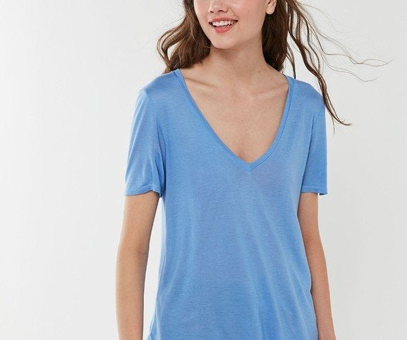 Truly Madly Deeply Deep V Tee Shirt - Dusty Blue  - front view