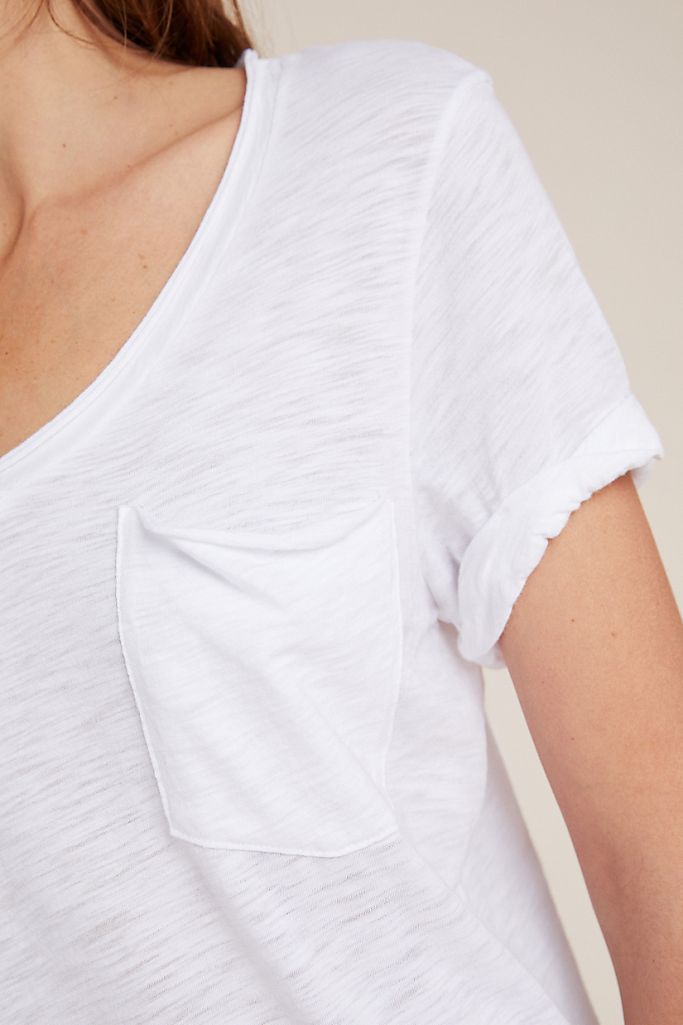 TLA V-Neck Tee Shirt with Pocket - white - close view