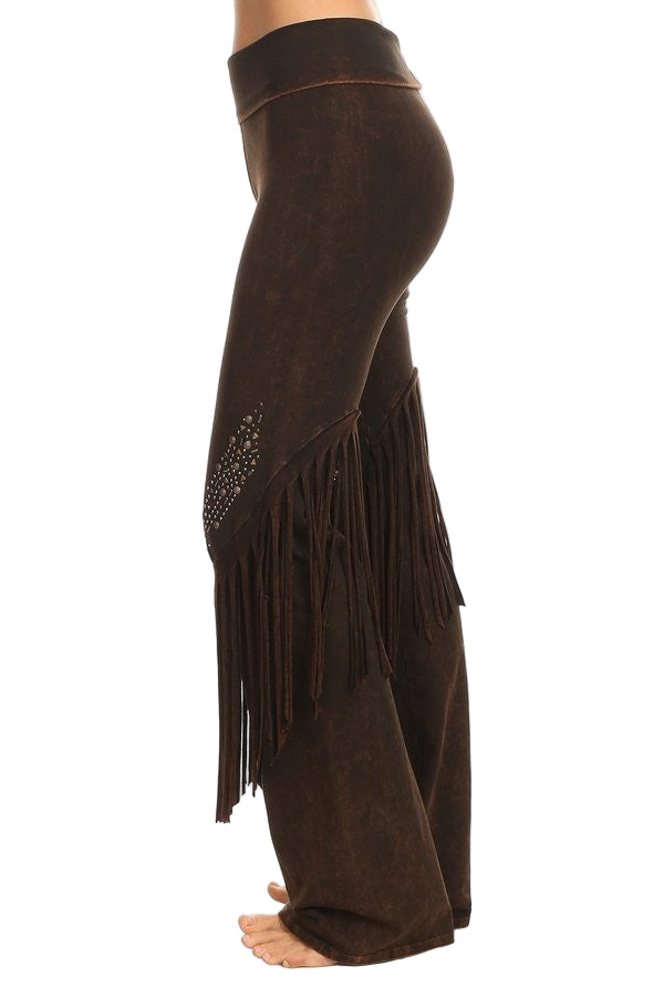 T-Party Fold Down STUDS and FRINGE Bottom Mineral Washed Yoga Pants - Brown - Side View