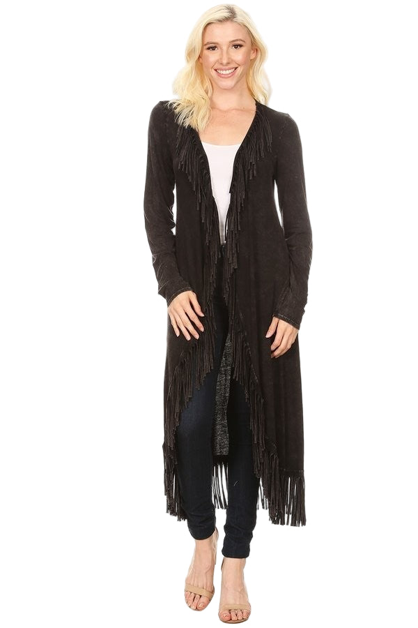 T-Party Long Cowgirl Cardigan with Fringe - Black - Front Full View