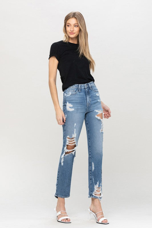 Super High Rise Tattered Ankle Straight Jeans by Flying Monkey