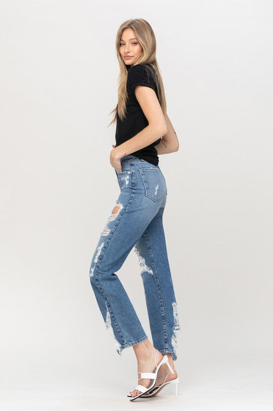 Super High Rise Tattered Ankle Straight Jeans by Flying Monkey
