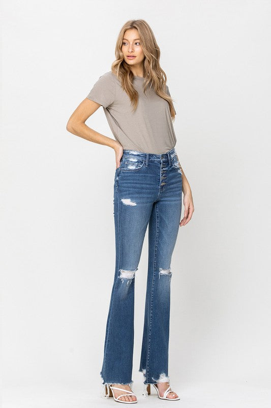 High Rise Distressed Raw Hem Flare Jeans by Flying Monkey