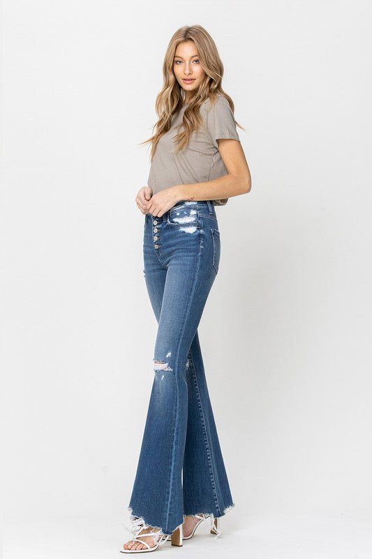 High Rise Distressed Raw Hem Flare Jeans by Flying Monkey