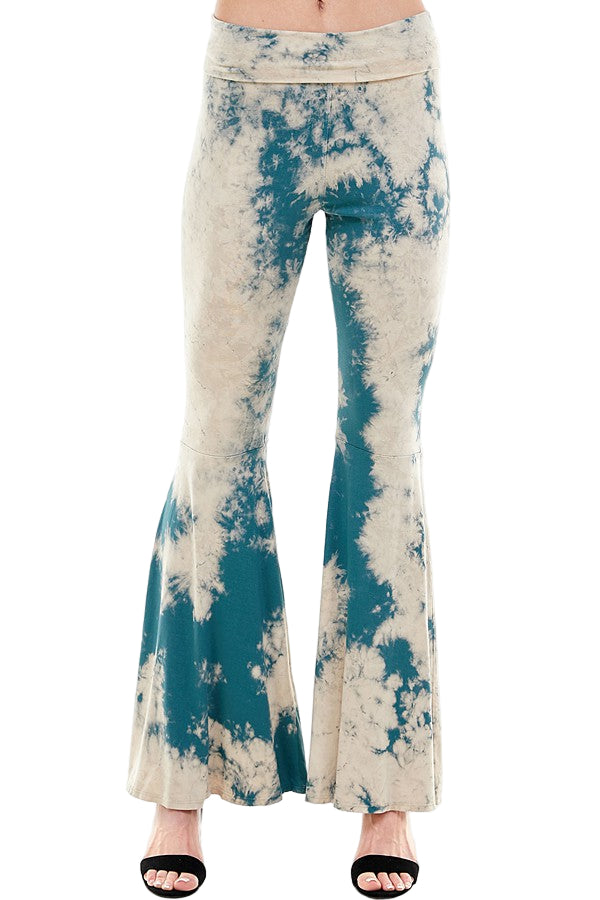T-Party Fold Over Tie Dye Bell Bottom - Teal Tie Dye - Front View