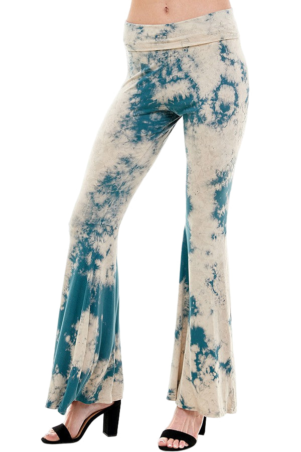 T-Party Fold Over Tie Dye Bell Bottom - Teal Tie Dye - Front View
