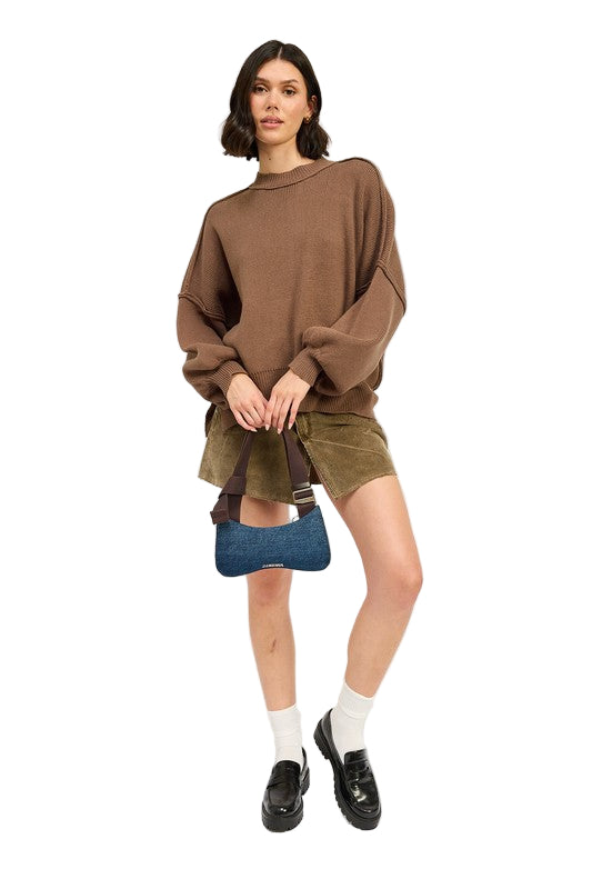 EMORY PARK OVER FITTED LONG SLEEVE SWEATER TOP - Brown - Front Full View
